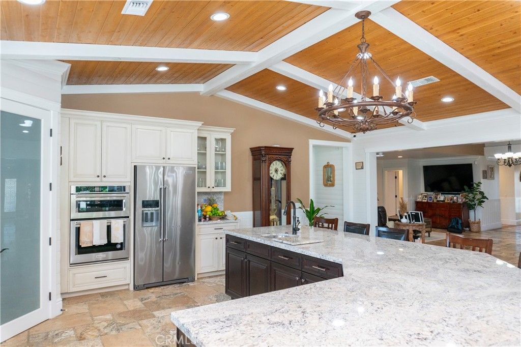 Chandelier, Interior, Kitchen, Recessed Lighting, Stainless Steel Appliances, Wooden Ceilings