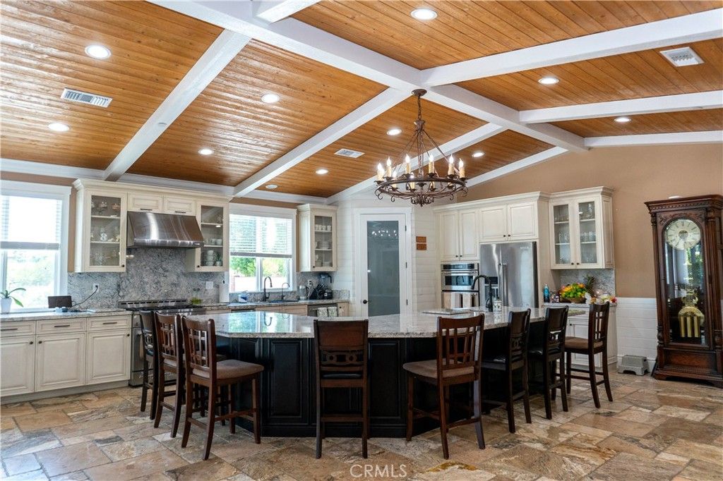 Chandelier, Interior, Kitchen, Recessed Lighting, Stainless Steel Appliances, Wooden Ceilings