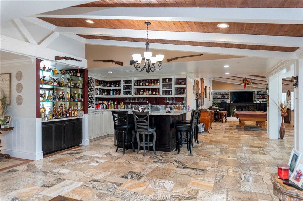Billiard Table, Chandelier, Game Room, Interior, Recessed Lighting, Wooden Beams