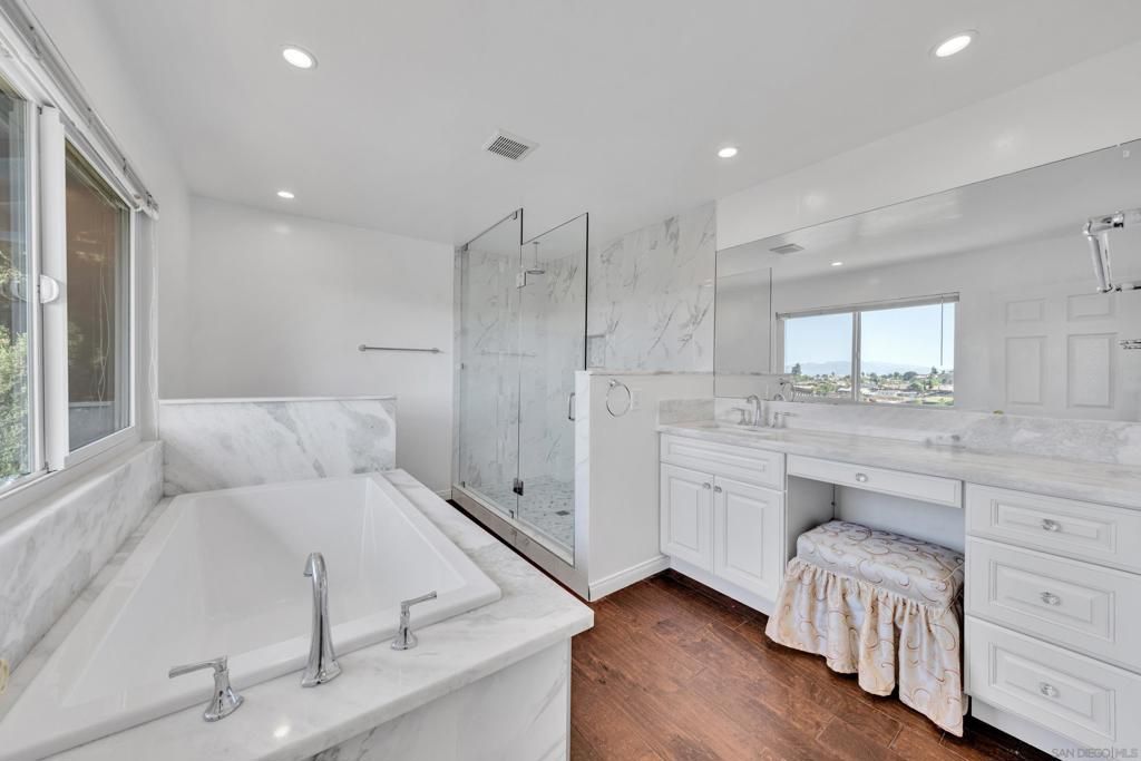 Bathroom, Glass Shower, Interior, Marble Walls, Recessed Lighting, Wood Texture Flooring