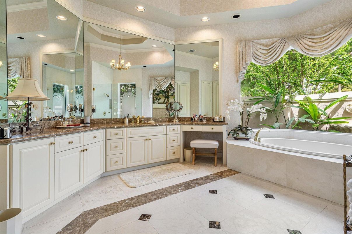 Bathroom, Chandelier, Dual Sink Vanities, Interior, Recessed Lighting