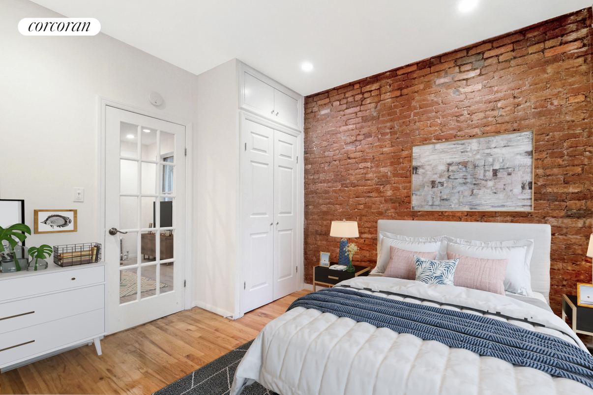 Bedroom, Interior, Recessed Lighting, Stone Walls, Wood Texture Flooring