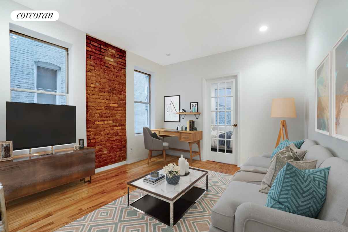 Home Office, Interior, Living room, Recessed Lighting, Stone Walls, Wood Texture Flooring