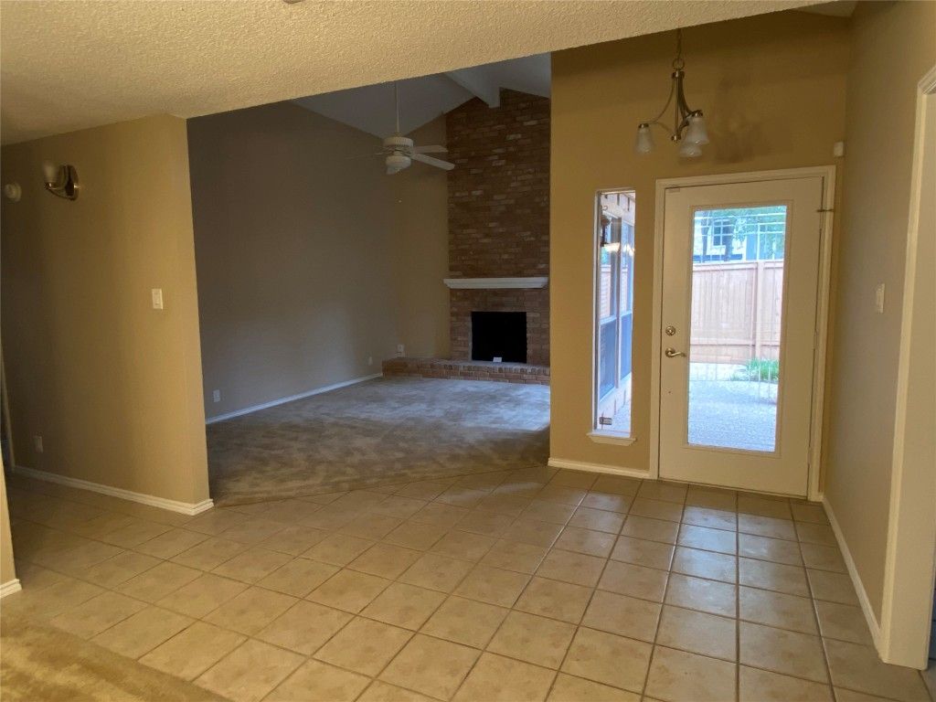 Empty room, Fireplace, Interior, Pendant Lights, Stone Walls