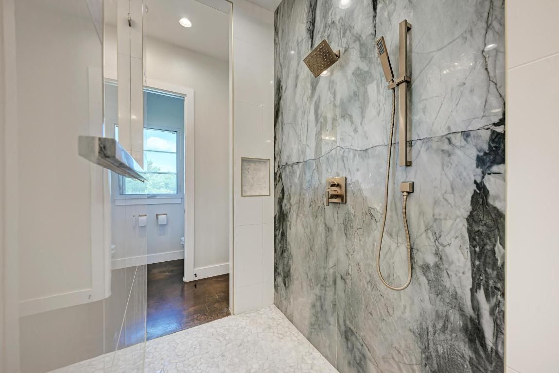 Bathroom, Glass Shower, Interior, Marble Walls, Recessed Lighting, Wood Texture Flooring