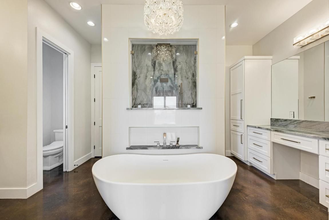 Bathroom, Chandelier, Free Standing Baths, Interior, Recessed Lighting, Wood Texture Flooring