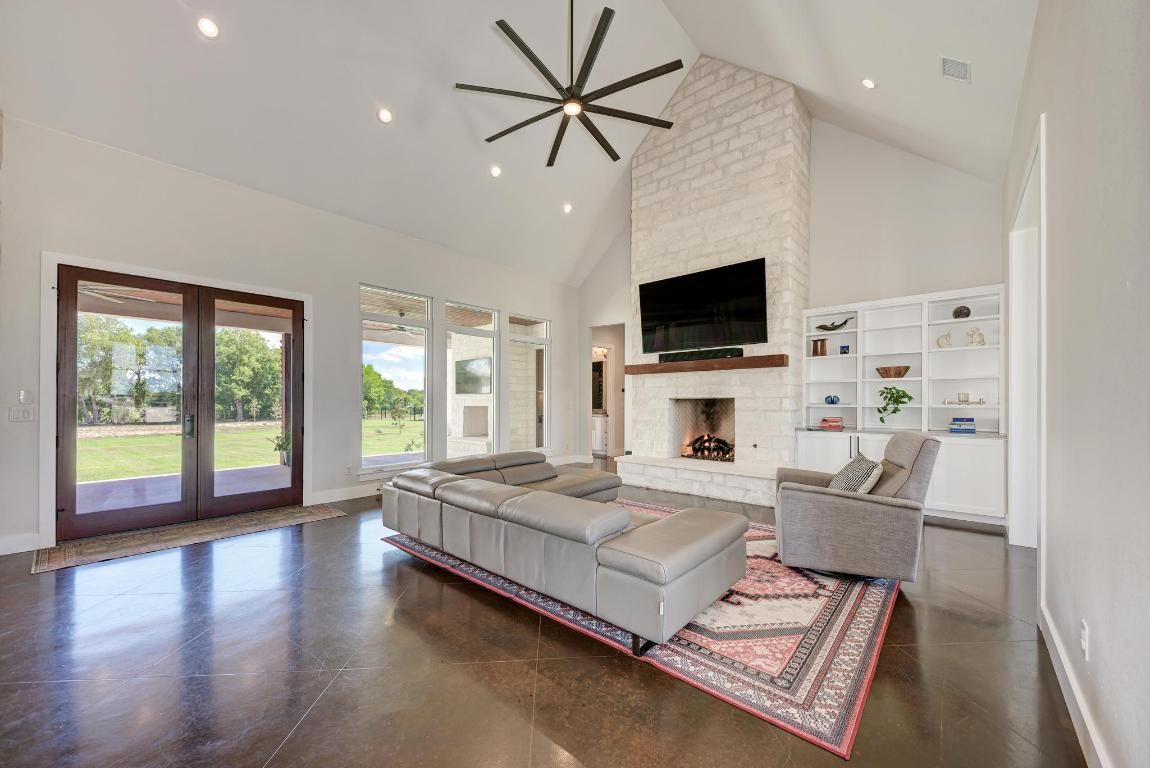 Fireplace, Interior, Living room, Pendant Lights, Recessed Lighting, Stone Walls