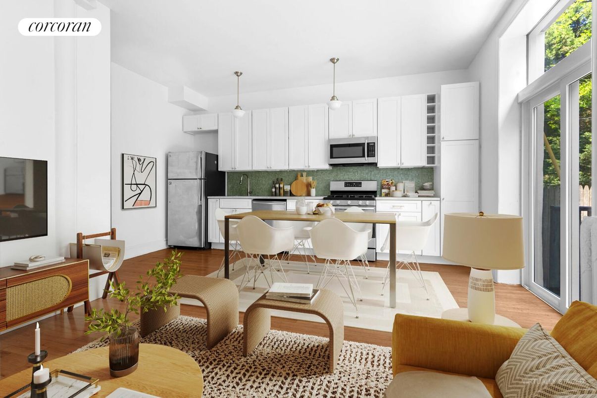 Dining room, Interior, Kitchen, Pendant Lights, Wood Texture Flooring