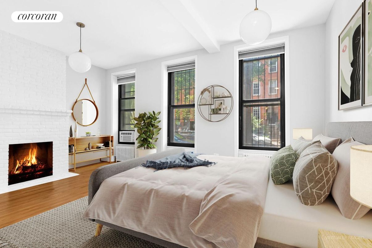 Bedroom, Fireplace, Interior, Pendant Lights, Wood Texture Flooring