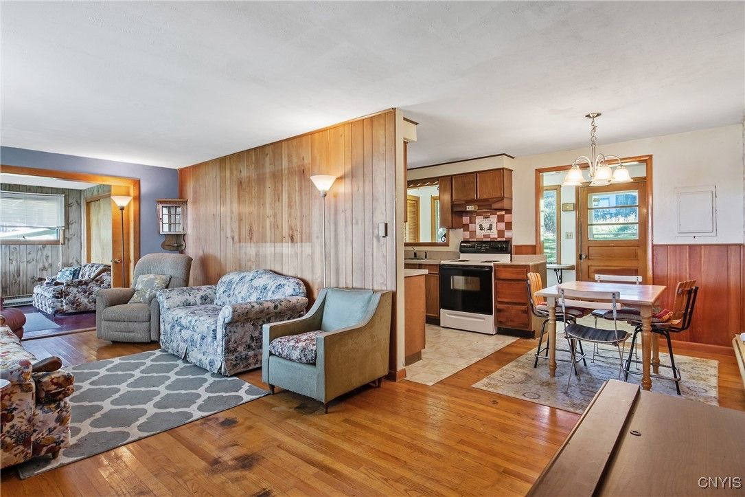 Dining room, Interior, Kitchen, Living room, Pendant Lights, Wood Texture Flooring, Wooden Walls