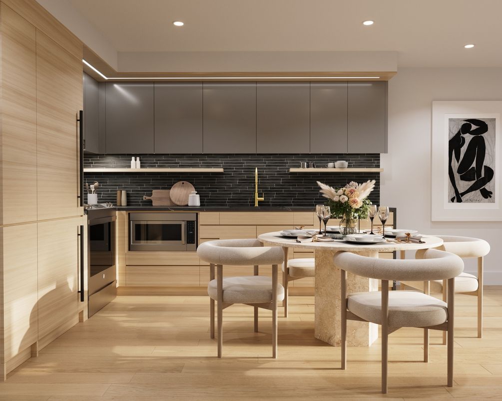 Dining room, Interior, Kitchen, Recessed Lighting, Stainless Steel Appliances, Wood Texture Flooring