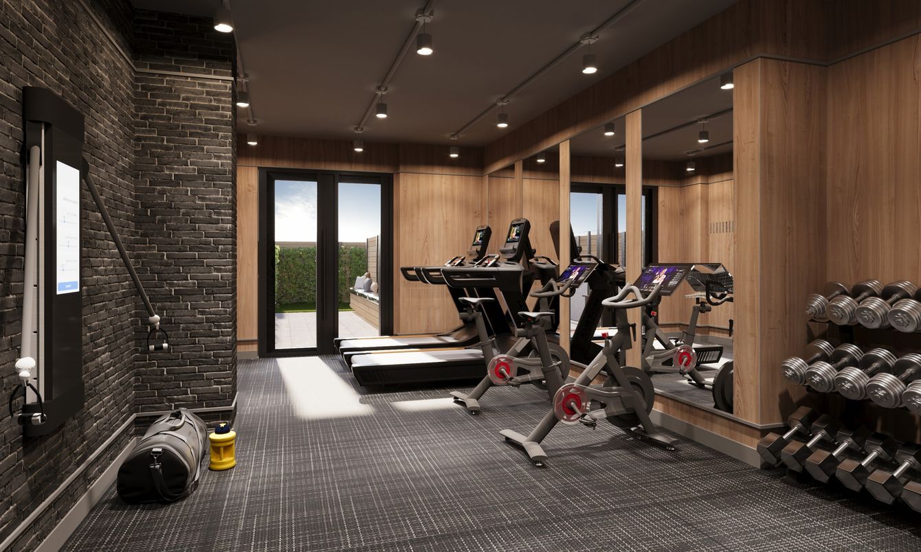 Fitness Equipment, Gym, Interior, Recessed Lighting, Stone Walls, Wooden Walls