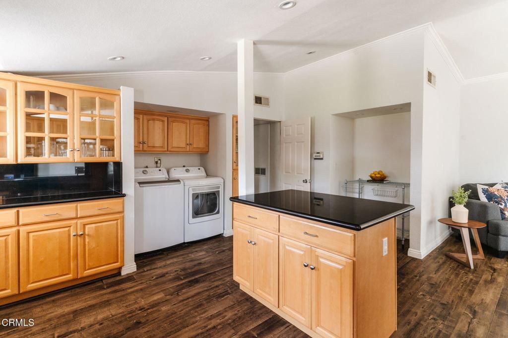 Interior, Kitchen, Recessed Lighting, Washer, Wood Texture Flooring