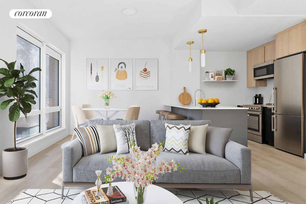 Dining room, Interior, Kitchen, Pendant Lights, Stainless Steel Appliances, Wood Texture Flooring