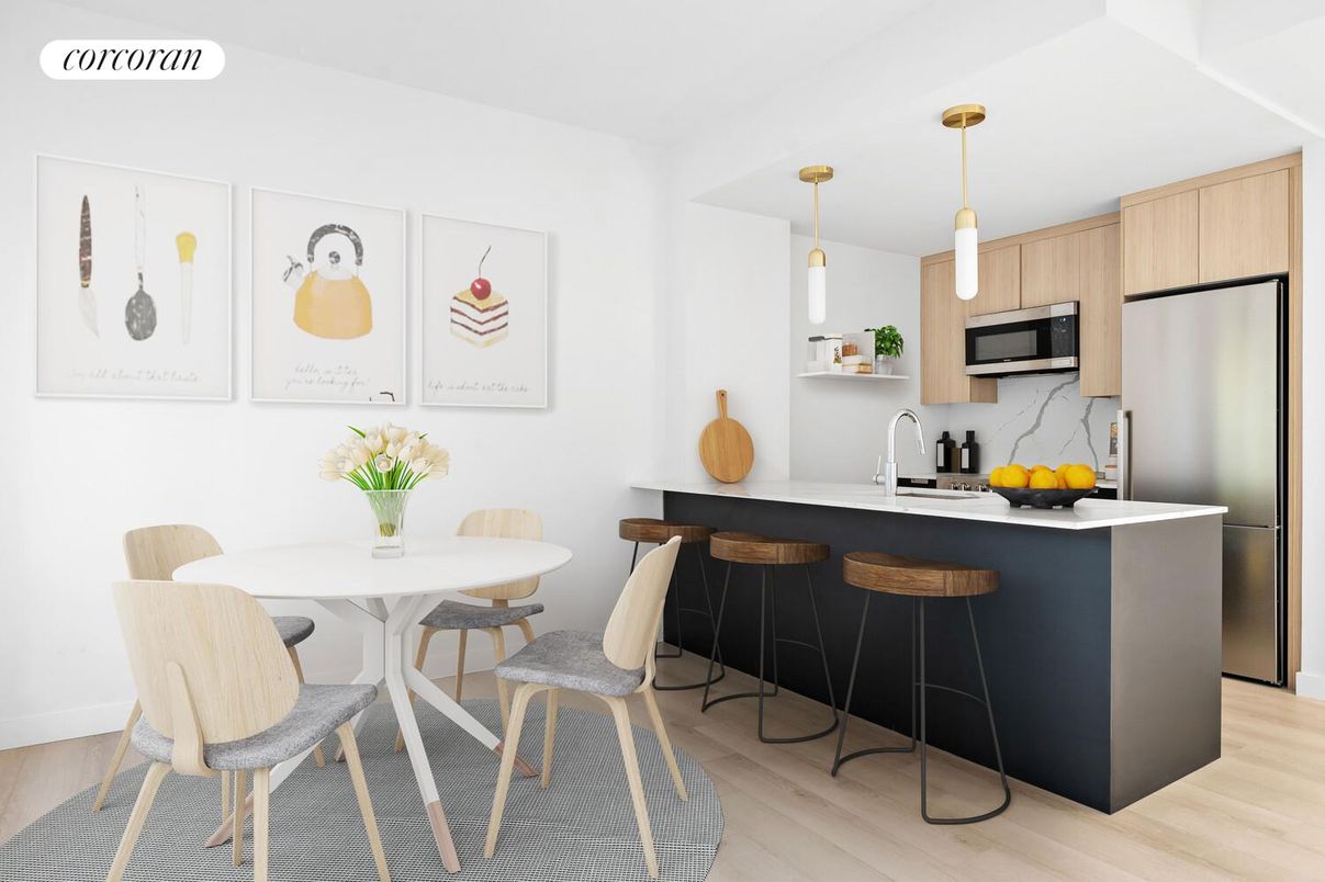 Dining room, Interior, Kitchen, Pendant Lights, Stainless Steel Appliances, Wood Texture Flooring
