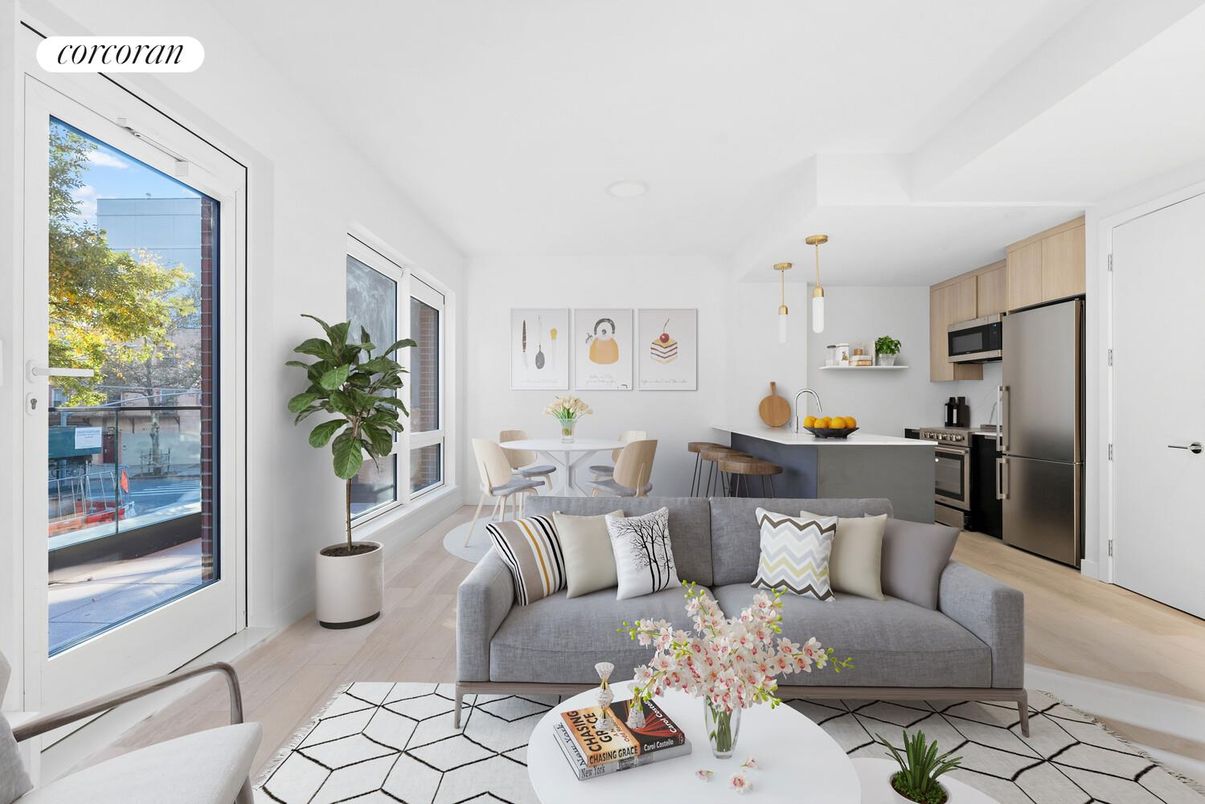 Dining room, Interior, Kitchen, Living room, Pendant Lights, Stainless Steel Appliances, Wood Texture Flooring