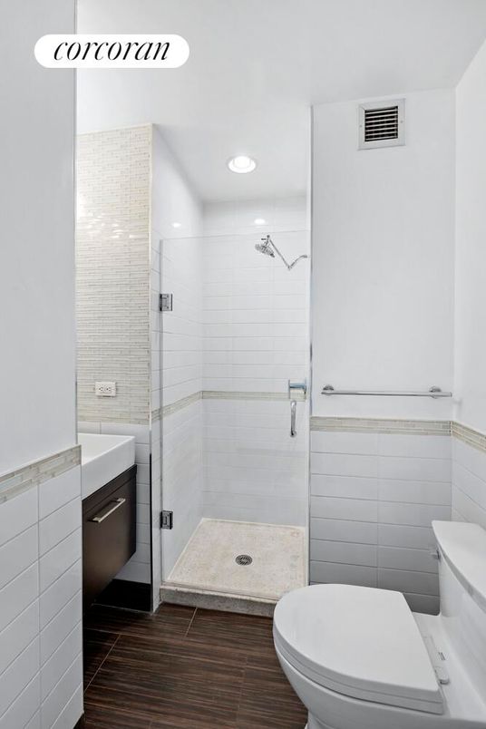 Bathroom, Glass Shower, Interior, Recessed Lighting, Wood Texture Flooring
