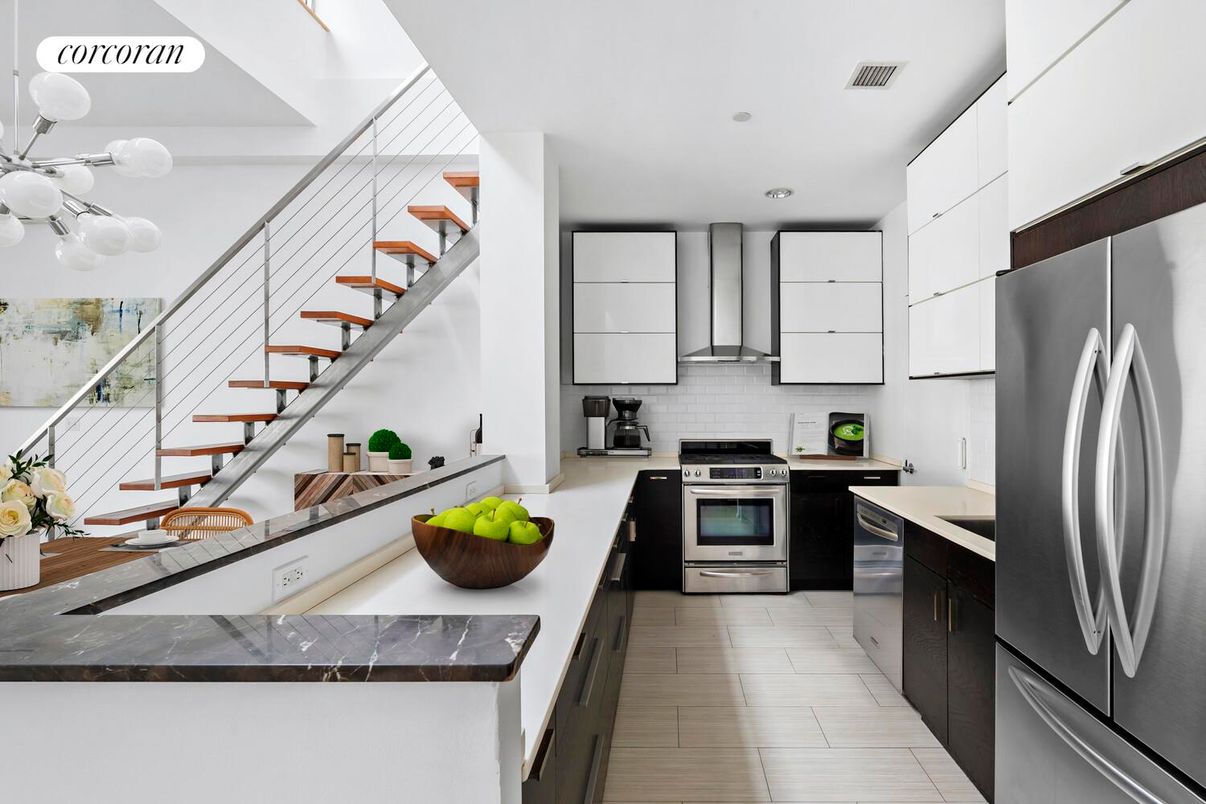 Interior, Kitchen, Marble, Recessed Lighting, Stainless Steel Appliances
