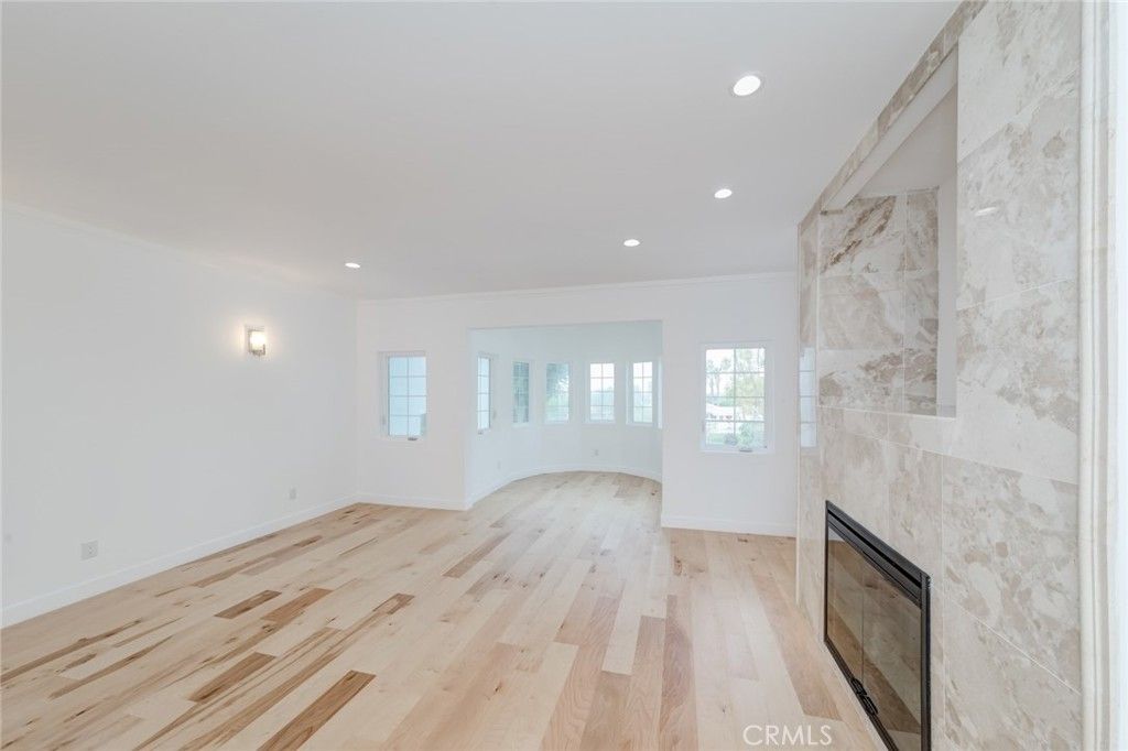 Empty room, Fireplace, Interior, Recessed Lighting, Wood Texture Flooring