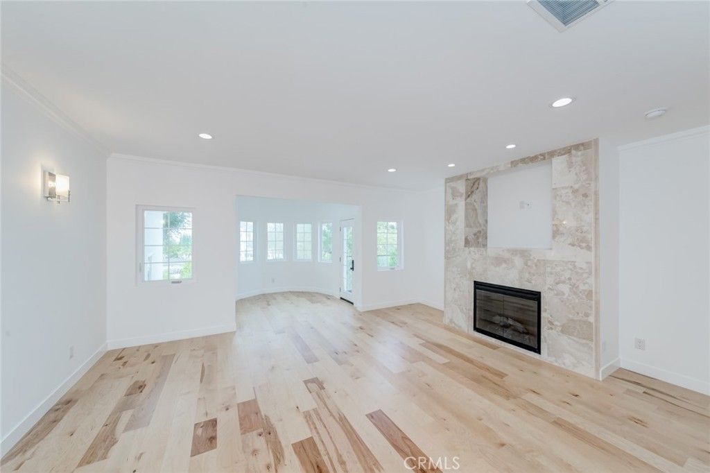 Empty room, Fireplace, Interior, Recessed Lighting, Wood Texture Flooring