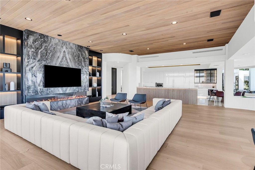 Fireplace, Interior, Living room, Marble Walls, Recessed Lighting, Wooden Ceilings, Wood Texture Flooring