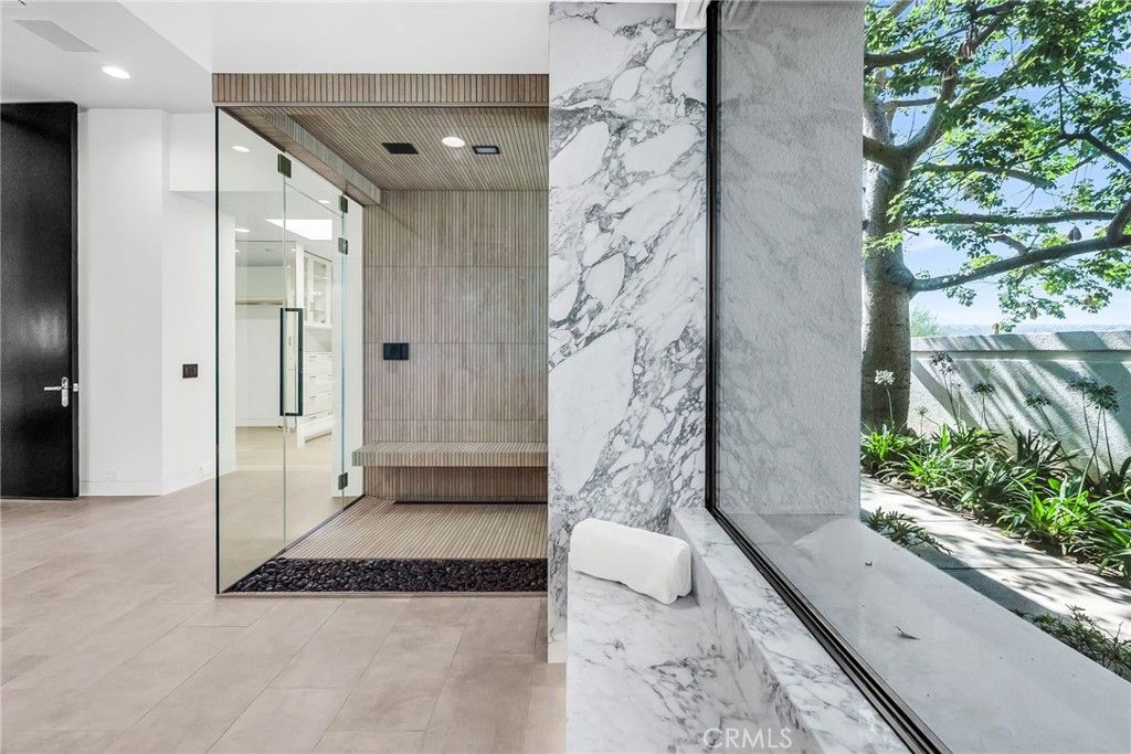 Bathroom, Glass Shower, Interior, Marble, Marble Walls, Recessed Lighting, Sauna Room