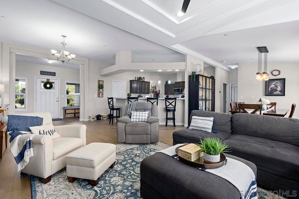 Chandelier, Dining room, Interior, Kitchen, Living room, Pendant Lights, Recessed Lighting, Wood Texture Flooring