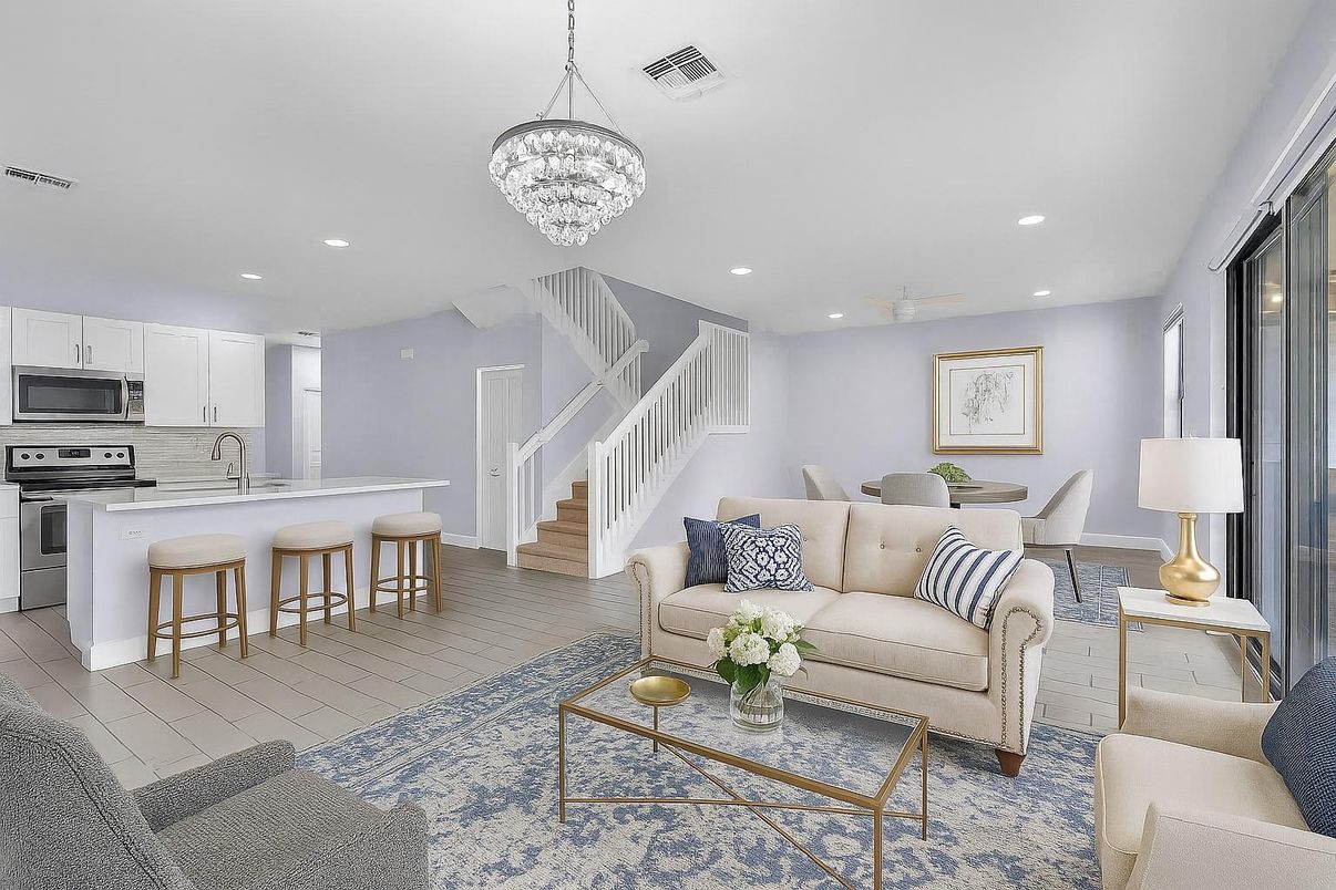 Chandelier, Dining room, Interior, Kitchen, Living room, Recessed Lighting, Stainless Steel Appliances