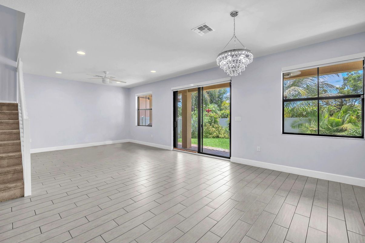 Chandelier, Empty room, Interior, Recessed Lighting, Wood Texture Flooring