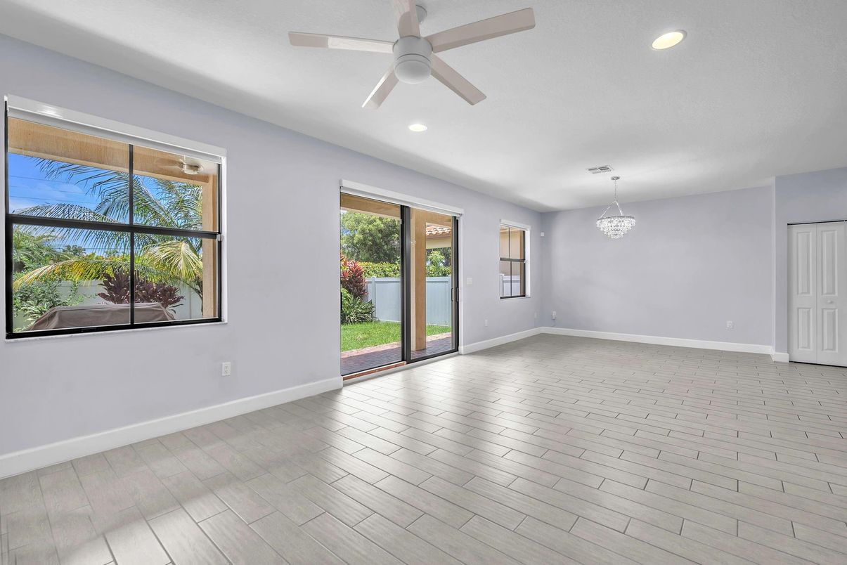 Chandelier, Empty room, Interior, Recessed Lighting, Wood Texture Flooring