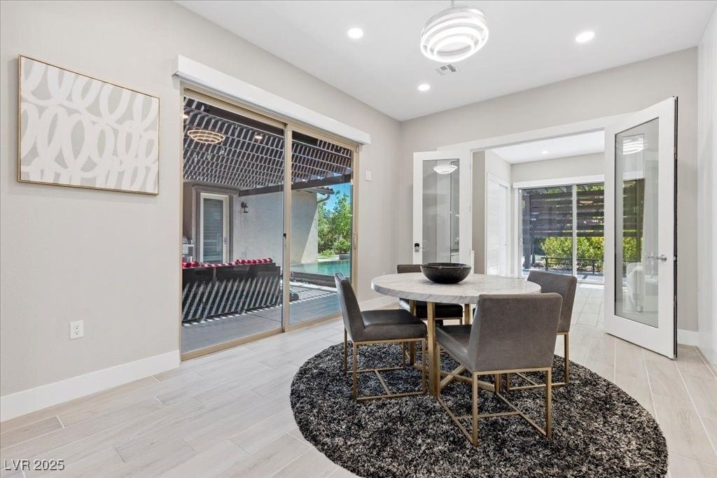 Dining room, Interior, Recessed Lighting, Wood Texture Flooring