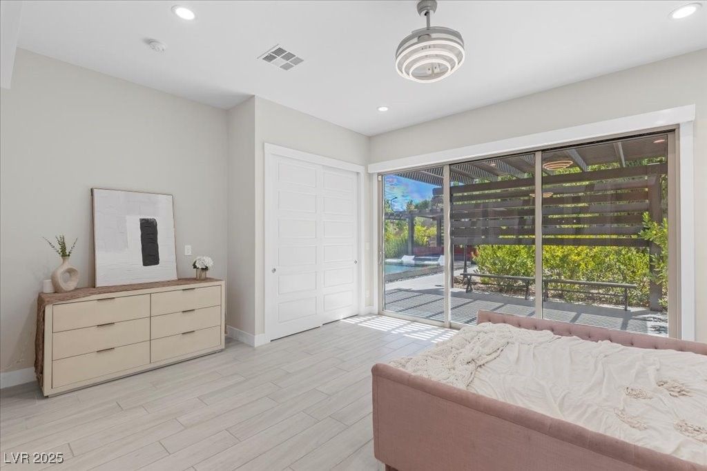 Bedroom, Interior, Recessed Lighting, Wood Texture Flooring