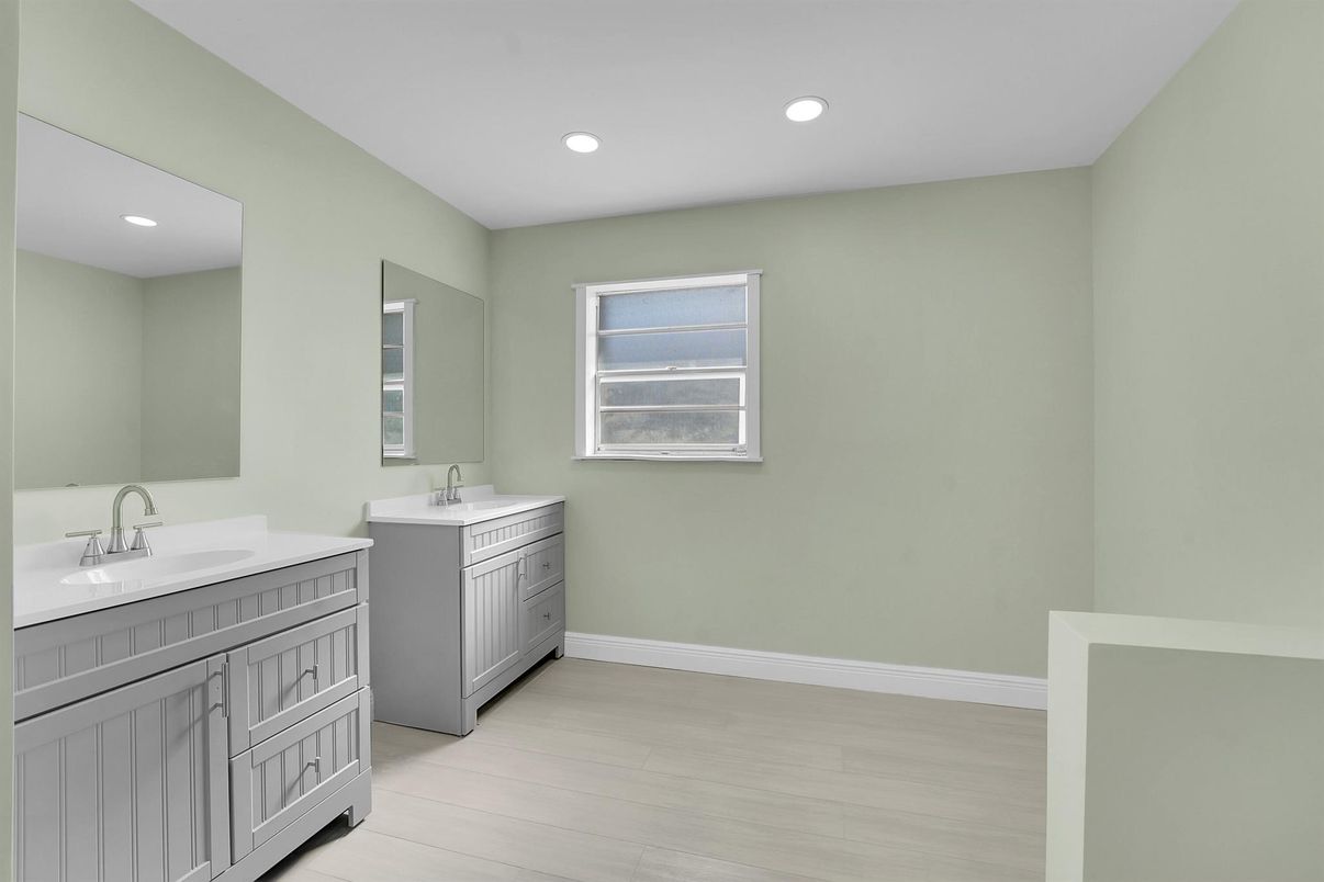 Bathroom, Dual Sink Vanities, Interior, Recessed Lighting, Wood Texture Flooring