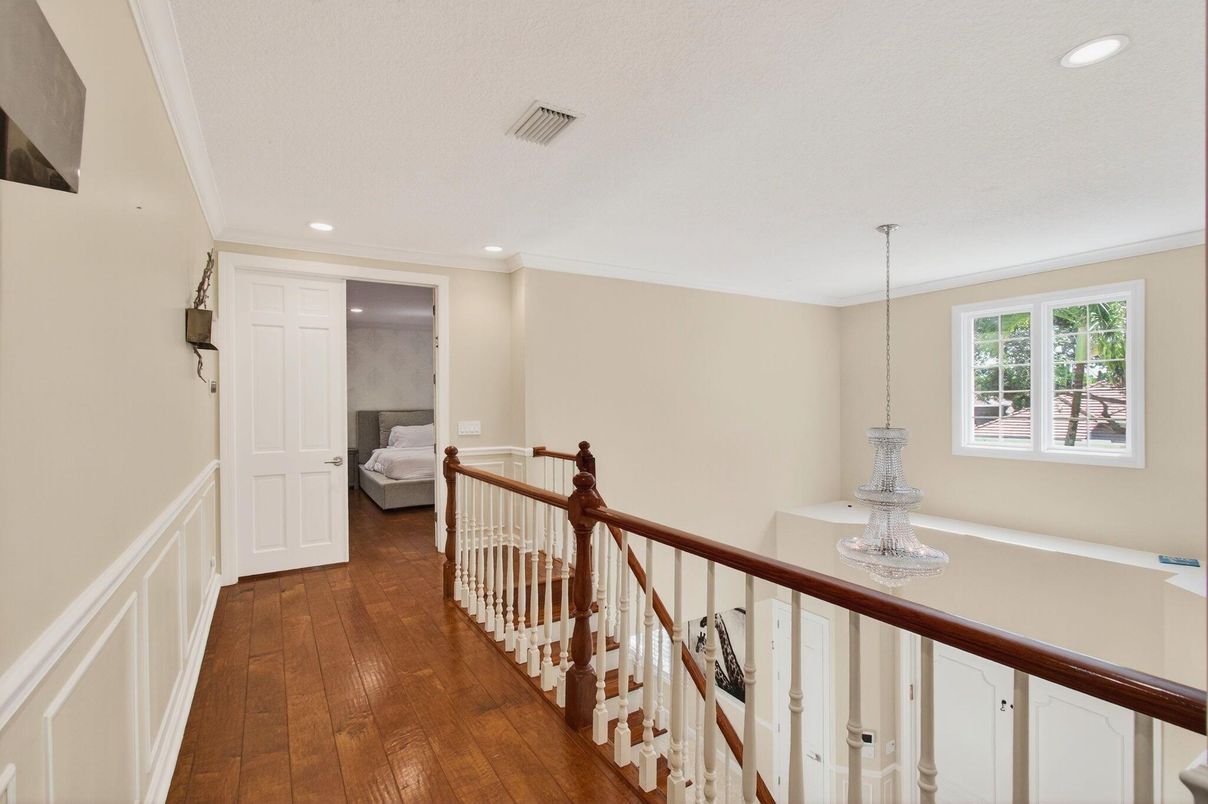 Bedroom, Chandelier, Interior, Recessed Lighting, Wood Texture Flooring