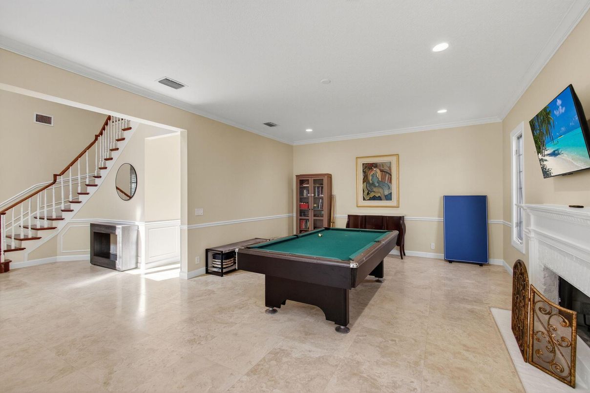 Billiard Table, Fireplace, Game Room, Interior, Recessed Lighting