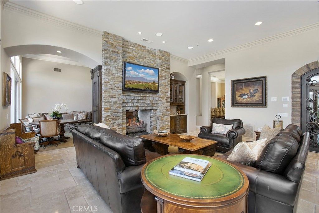 Dining room, Fireplace, Interior, Living room, Recessed Lighting, Stone Walls