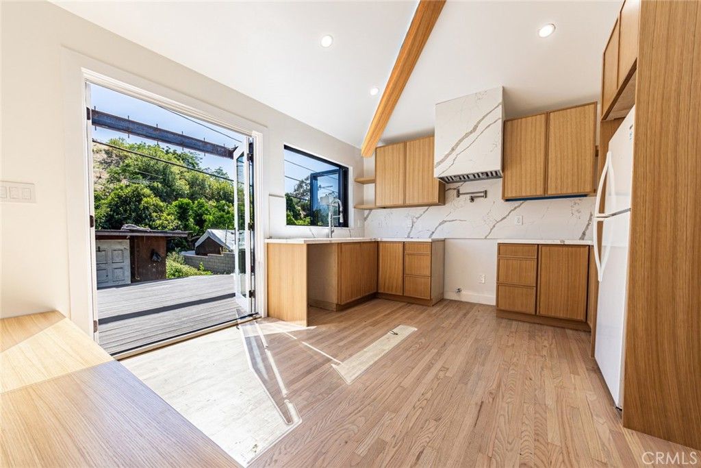 Interior, Kitchen, Marble Walls, Recessed Lighting, Wood Texture Flooring