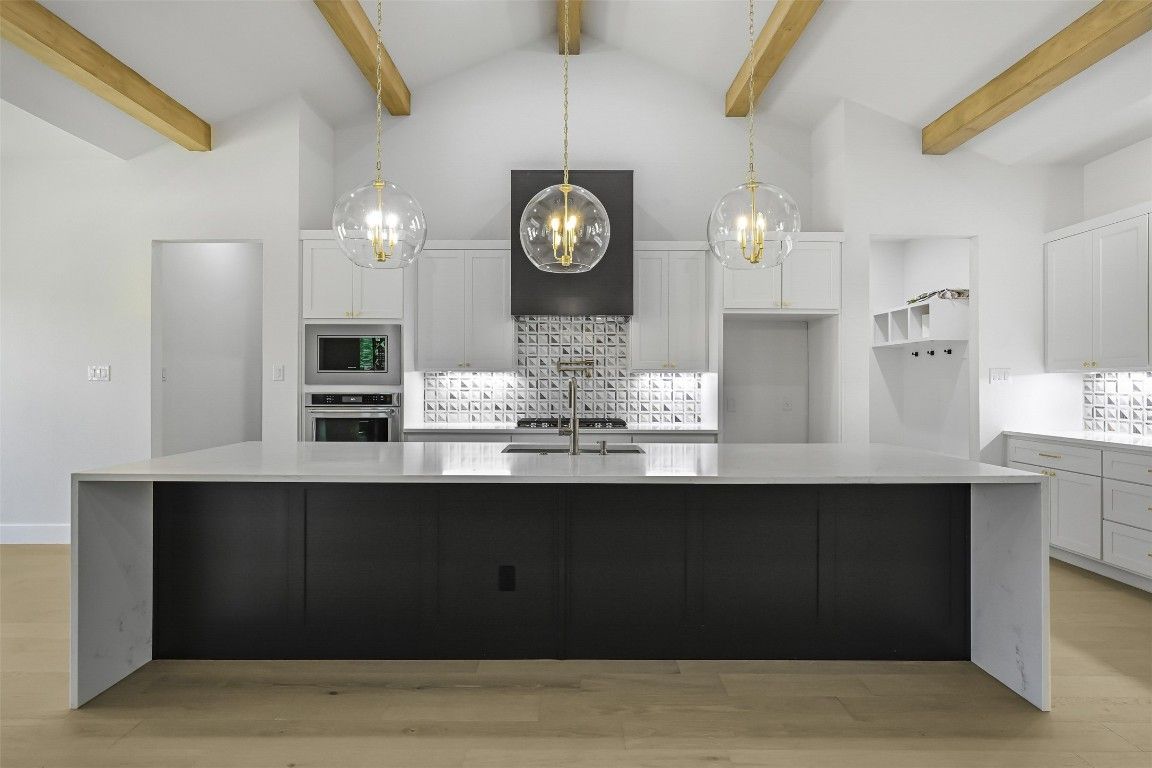 Interior, Kitchen, Pendant Lights, Stainless Steel Appliances, Wooden Beams, Wood Texture Flooring