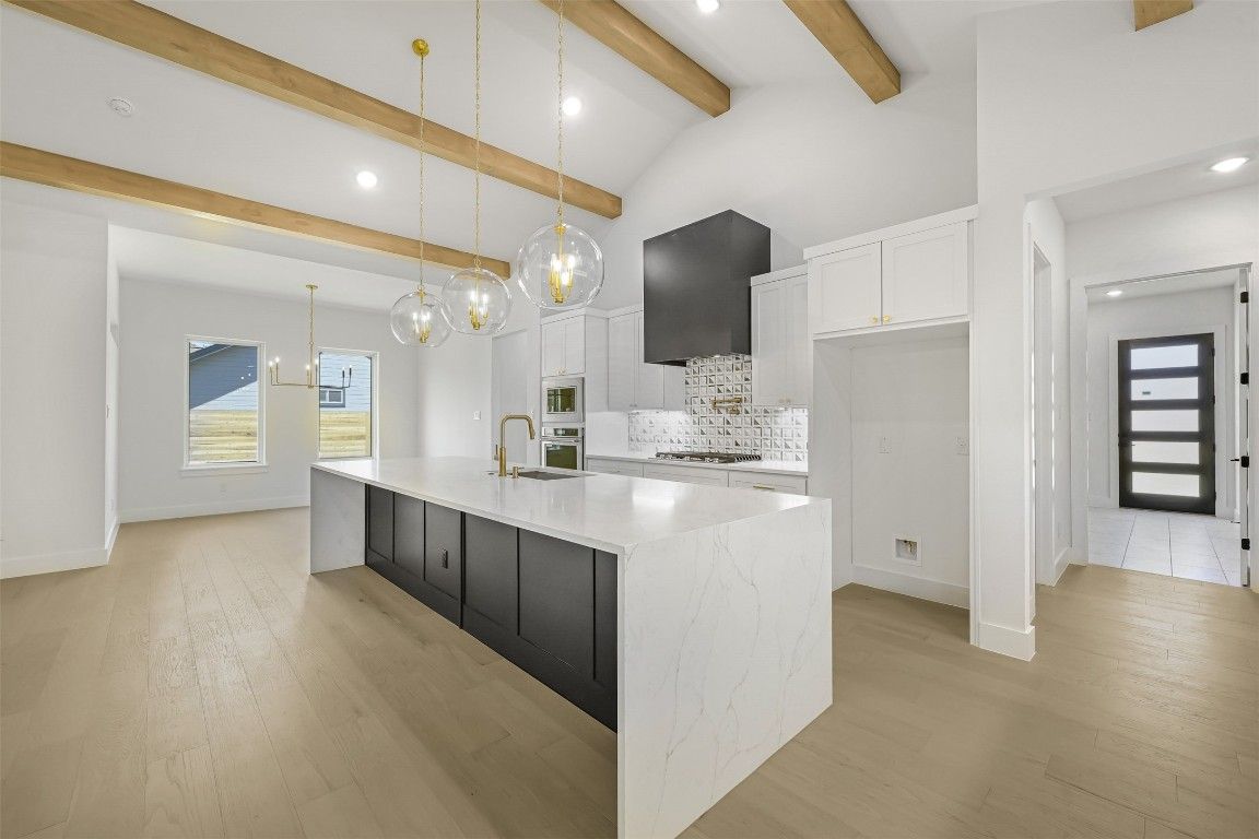 Interior, Kitchen, Pendant Lights, Recessed Lighting, Wooden Beams, Wood Texture Flooring