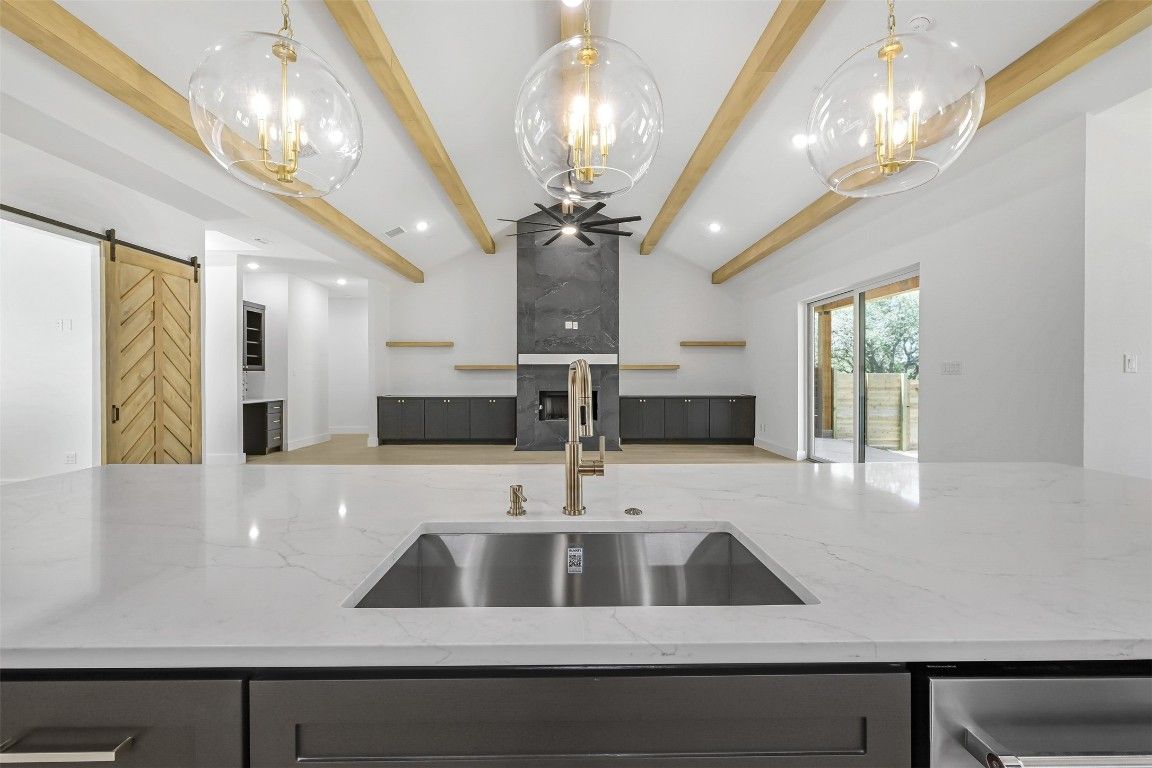 Fireplace, Interior, Kitchen, Pendant Lights, Recessed Lighting, Wooden Beams
