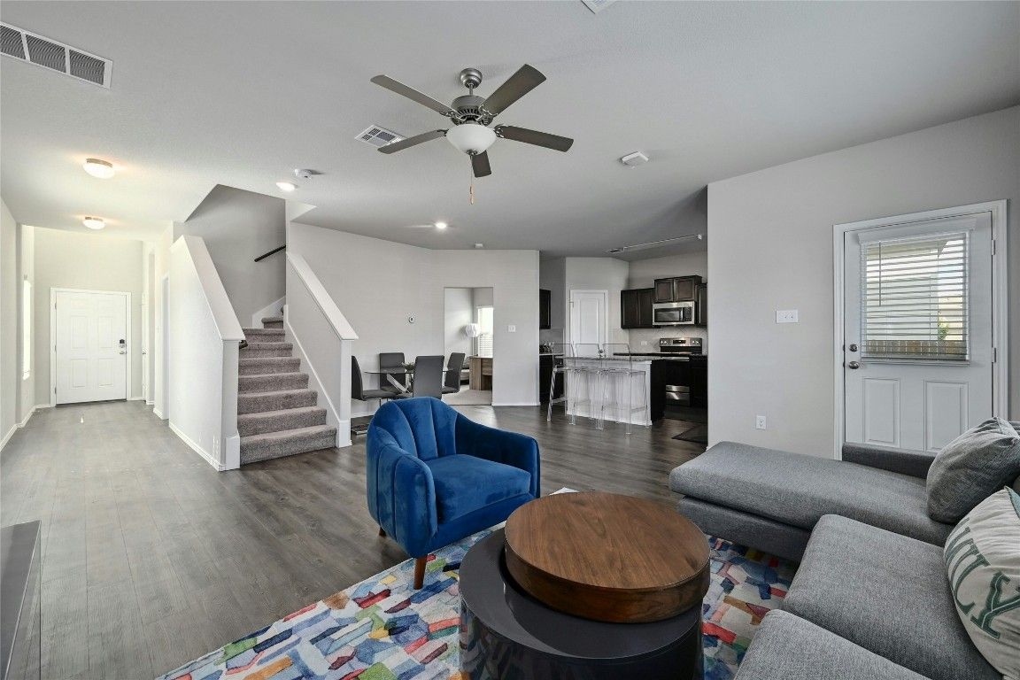 Interior, Kitchen, Living room, Recessed Lighting, Stainless Steel Appliances, Wood Texture Flooring