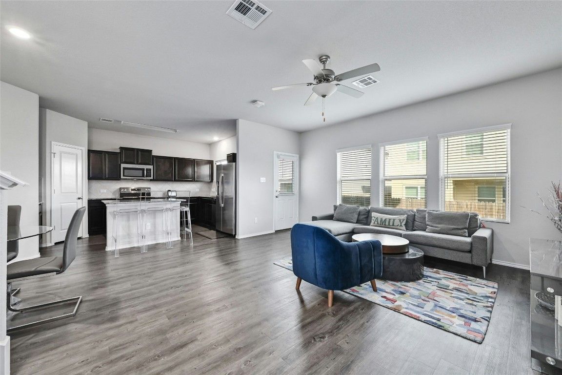 Interior, Kitchen, Living room, Recessed Lighting, Stainless Steel Appliances, Wood Texture Flooring