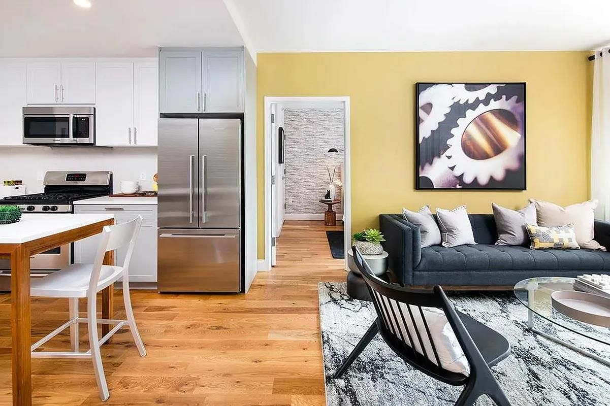 Interior, Kitchen, Living room, Recessed Lighting, Stainless Steel Appliances, Wood Texture Flooring