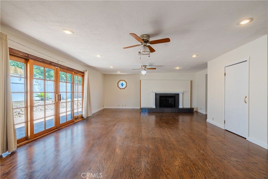 Empty room, Fireplace, Interior, Recessed Lighting, Wood Texture Flooring