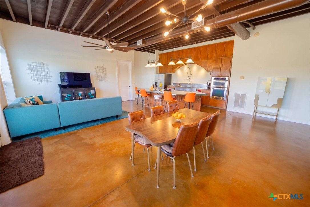 Dining room, Interior, Kitchen, Living room, Pendant Lights, Stainless Steel Appliances, Wooden Beams
