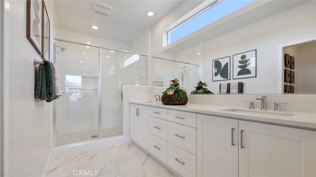 Bathroom, Dual Sink Vanities, Glass Shower, Interior, Marble, Recessed Lighting