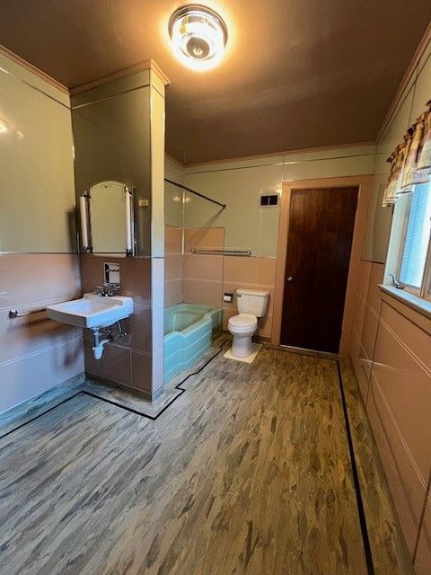 Bathroom, Glass Shower, Interior, Wood Texture Flooring
