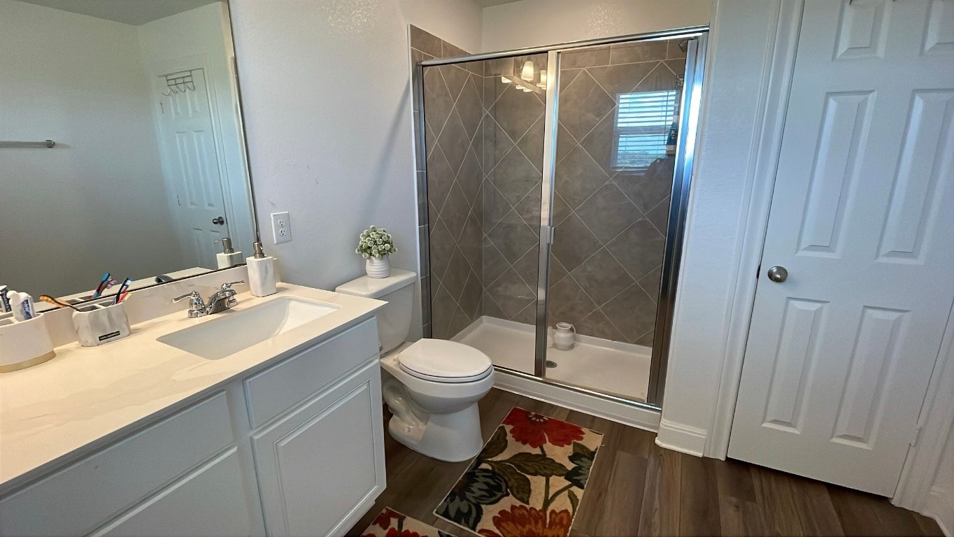 Bathroom, Glass Shower, Interior, Wood Texture Flooring