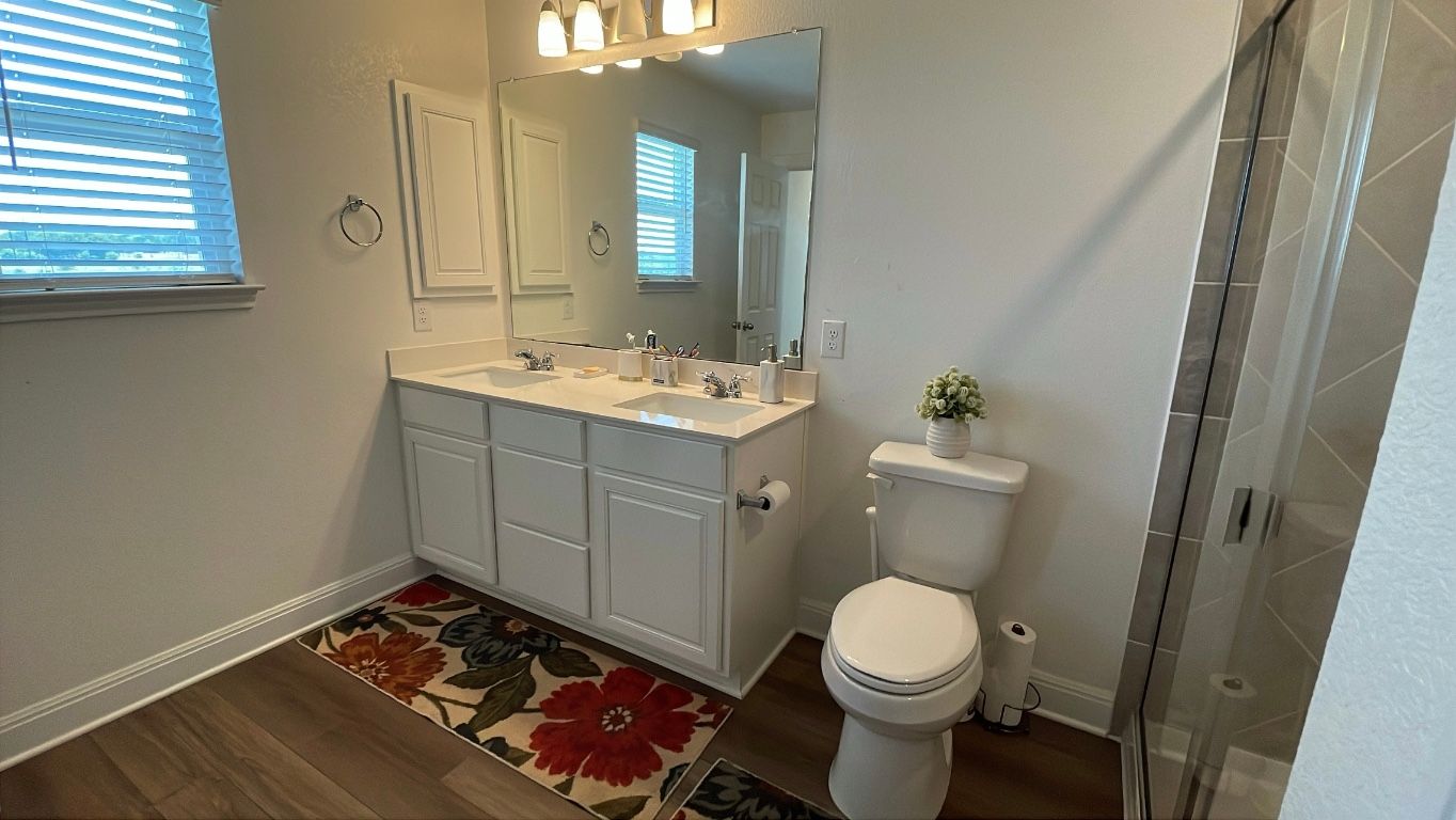 Bathroom, Glass Shower, Interior, Wood Texture Flooring