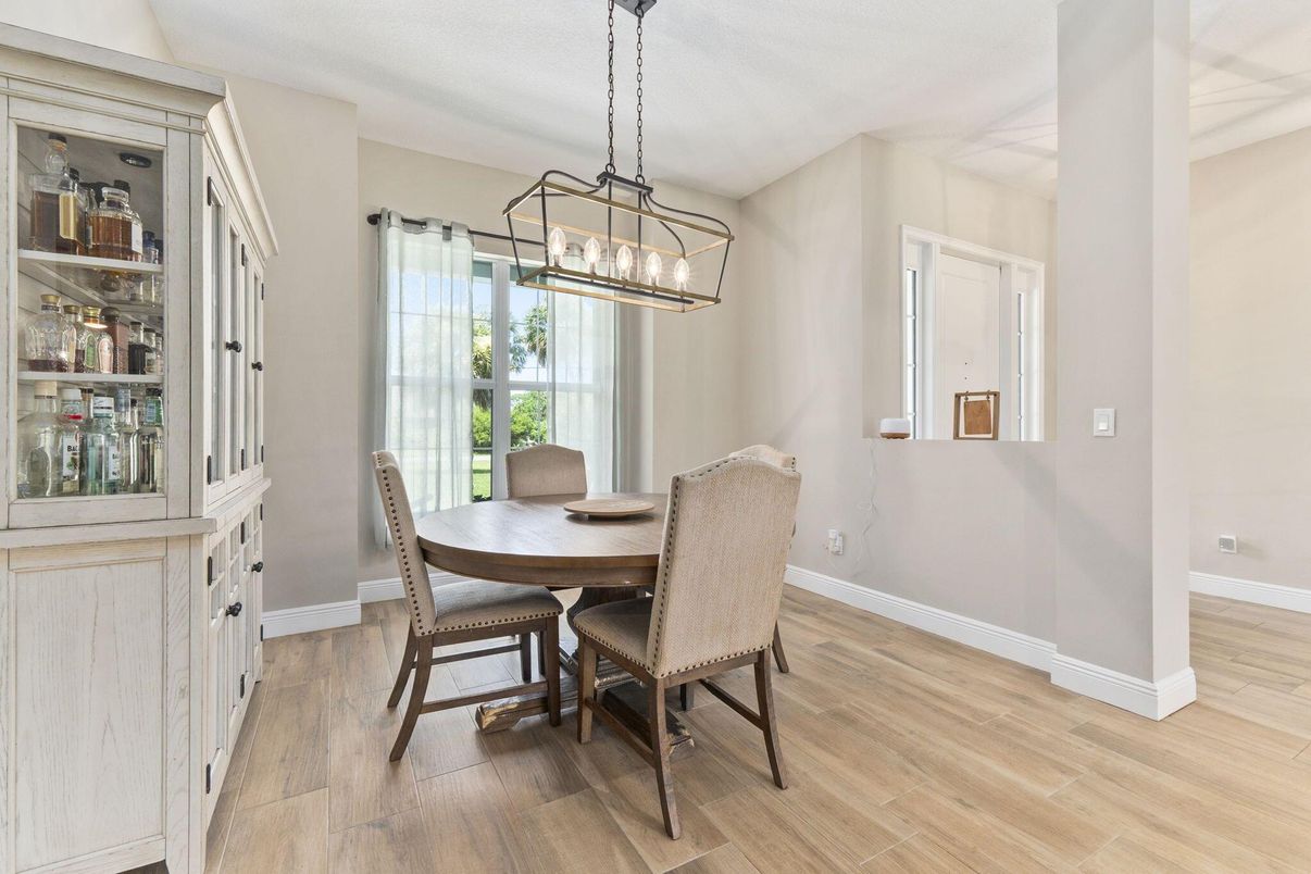 Dining room, Interior, Pendant Lights, Wood Texture Flooring